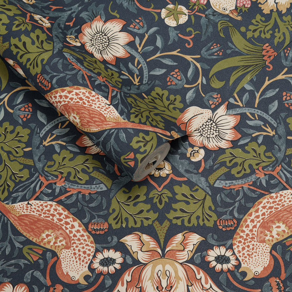 Papel de Colgadura Botánico | Navy Arts & Crafts Birds Wallpaper